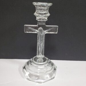 Crucifix Candlestick Holder Religious 7in Clear Frosted Glass v